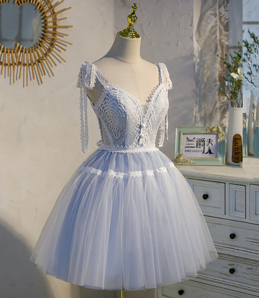 Robe de bal courte en dentelle bleue, coupe A, robe de soirée 10539