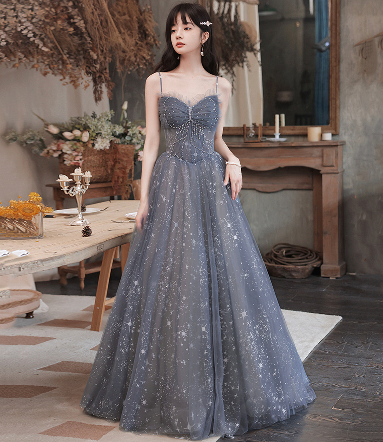 Gray tulle long prom dress A line evening dress  10489