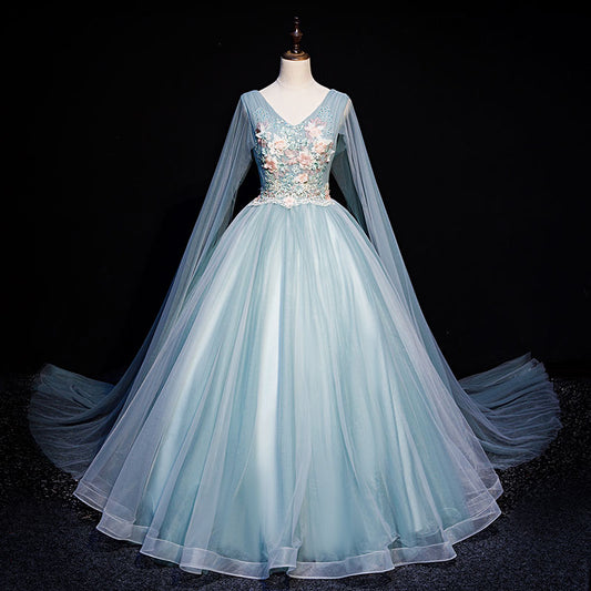 Blue tulle lace long prom dress blue evening dress  10636