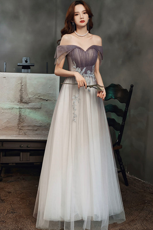 Purple tulle sequins long prom dress A line evening dress  10644