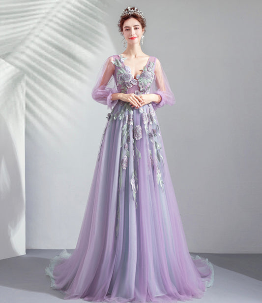 Robe de soirée longue en tulle violet et dentelle 10552