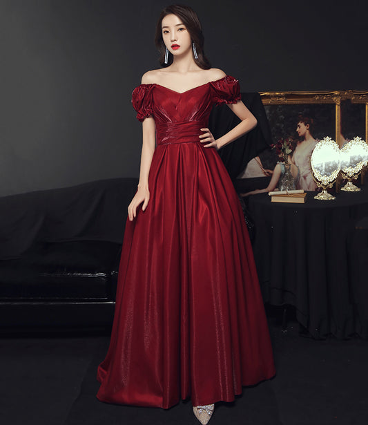 Burgundy satin long prom dress A line evening gown  10502
