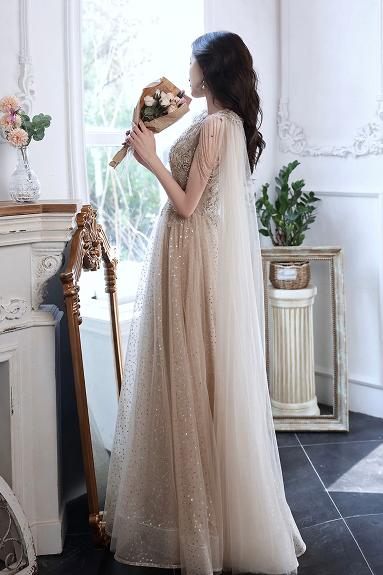 Robe de soirée longue en tulle à paillettes champagne 10605