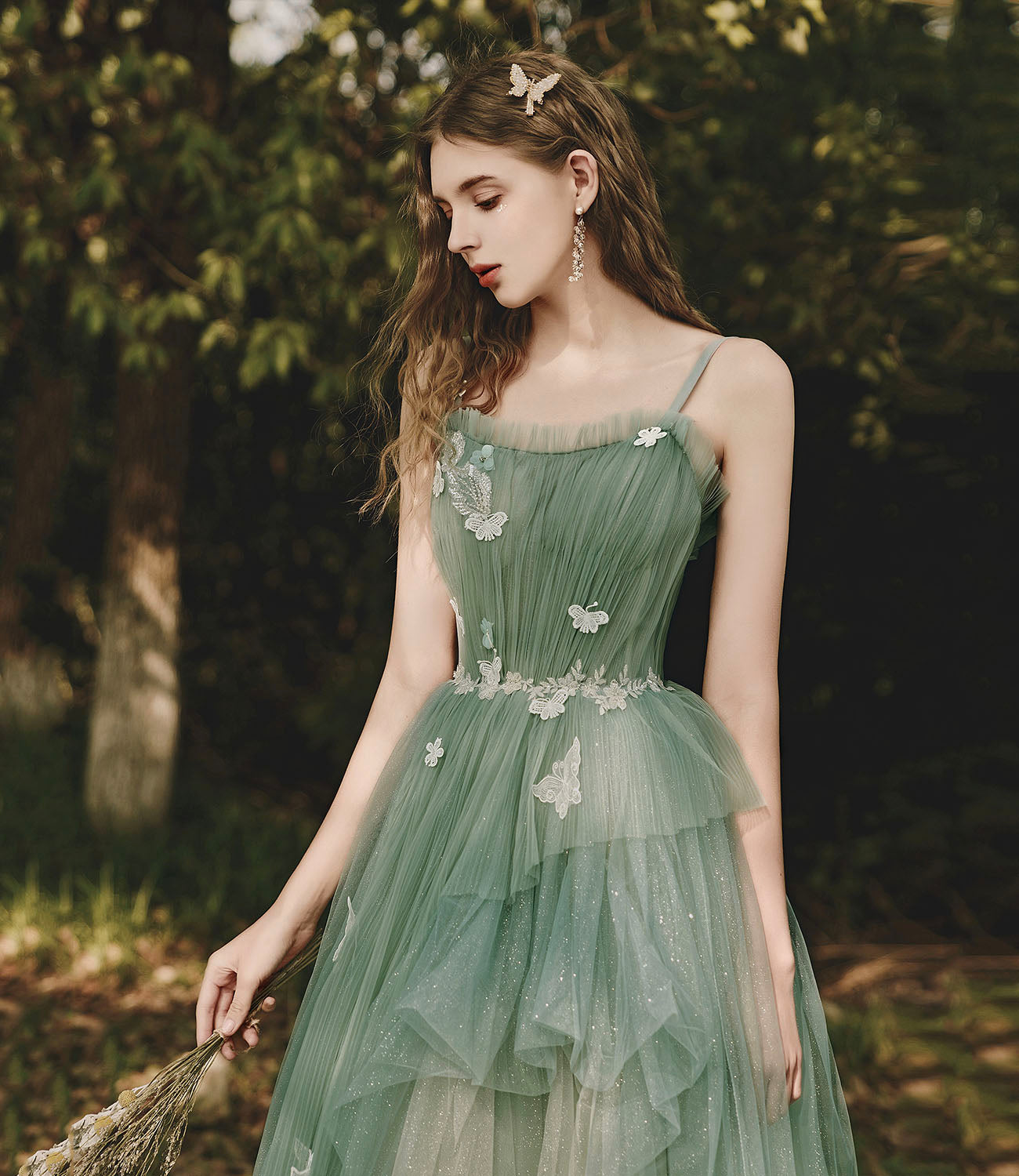 Green tulle lace long prom dress A line evening dress  10419