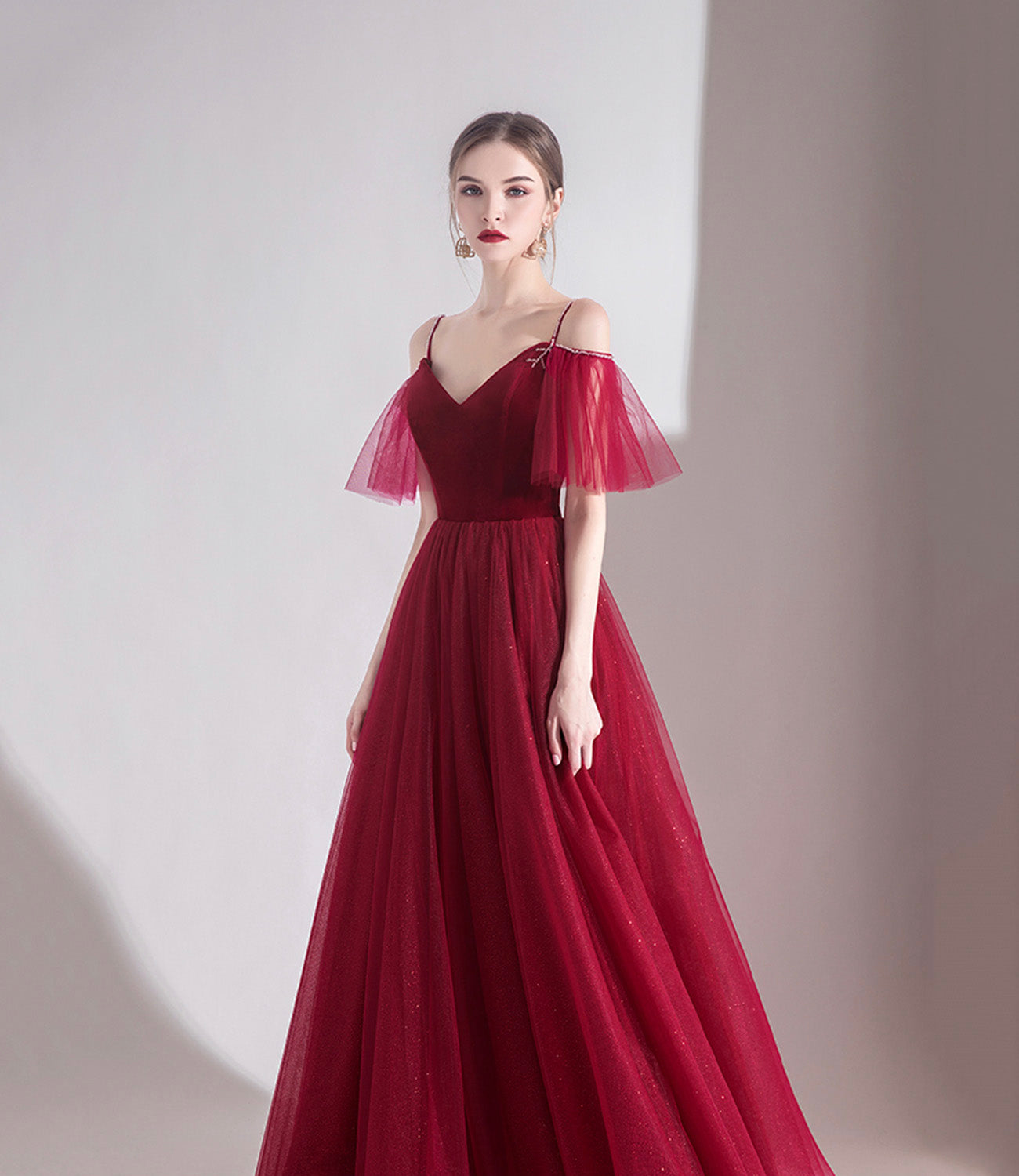 Bugundy velet tulle long prom dress A line evening dress  10553