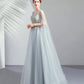 Gray tulle lace long prom dress A line evening dress  10509