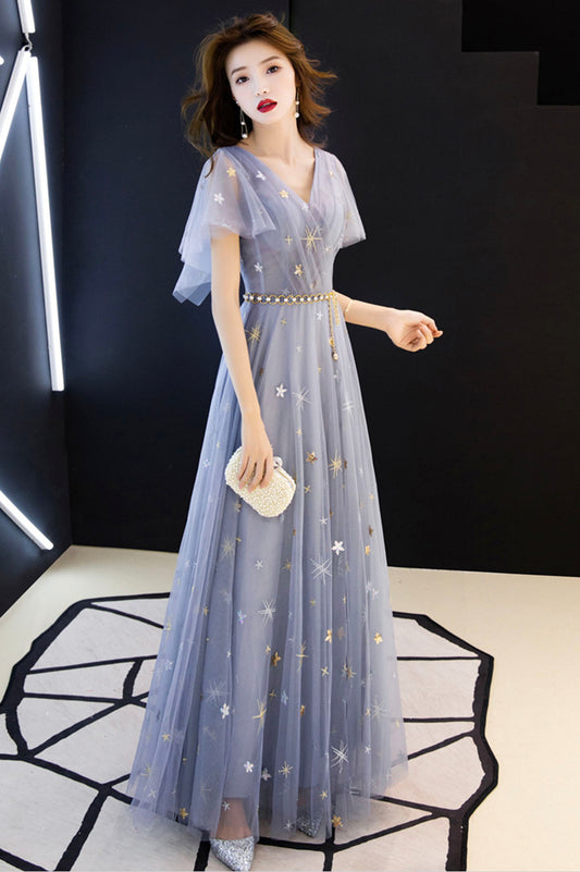 Blue v neck tulle long prom dress blue evening dress  10640