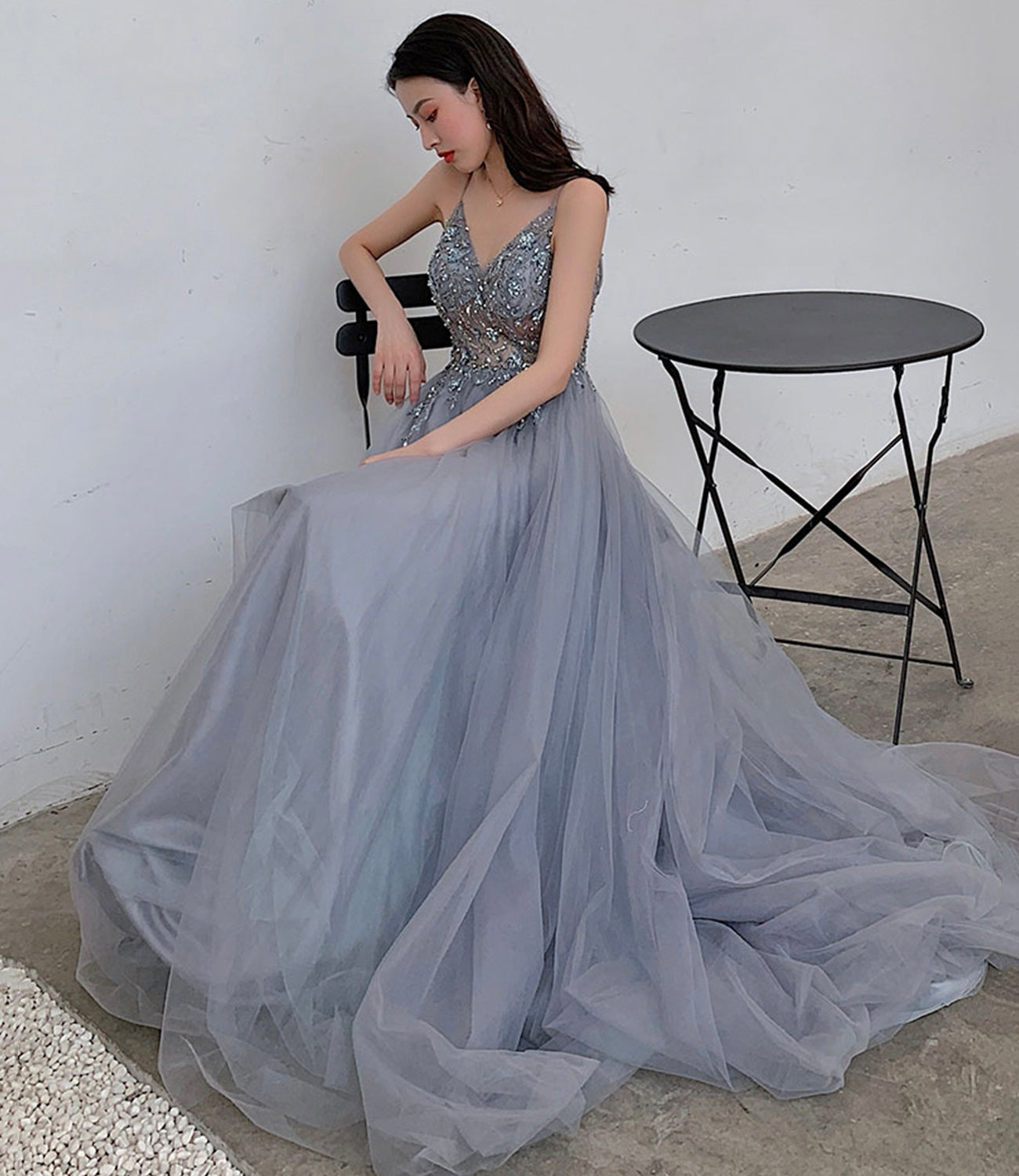 Blue tulle beads long prom dress blue evening dress  10453