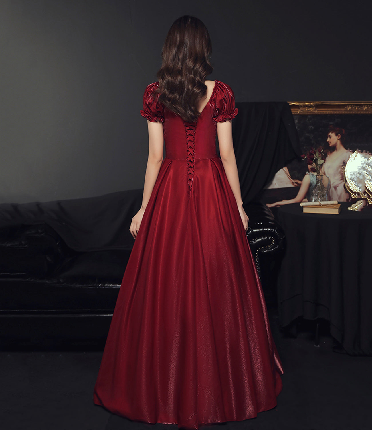 Burgundy satin long prom dress A line evening gown  10502