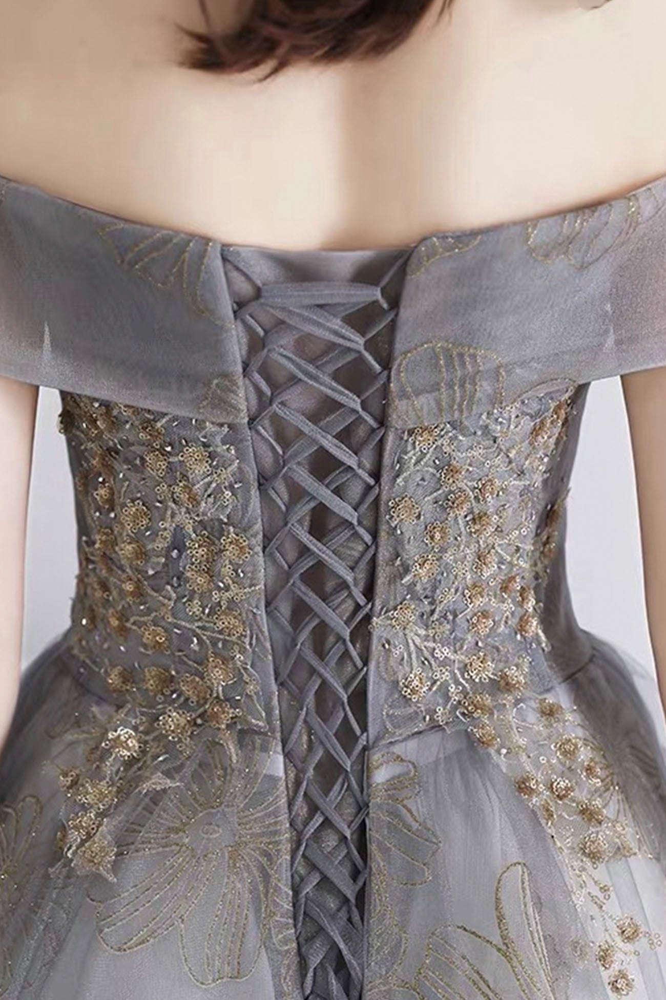 Gray tulle sequins long prom dress evening dress  10639