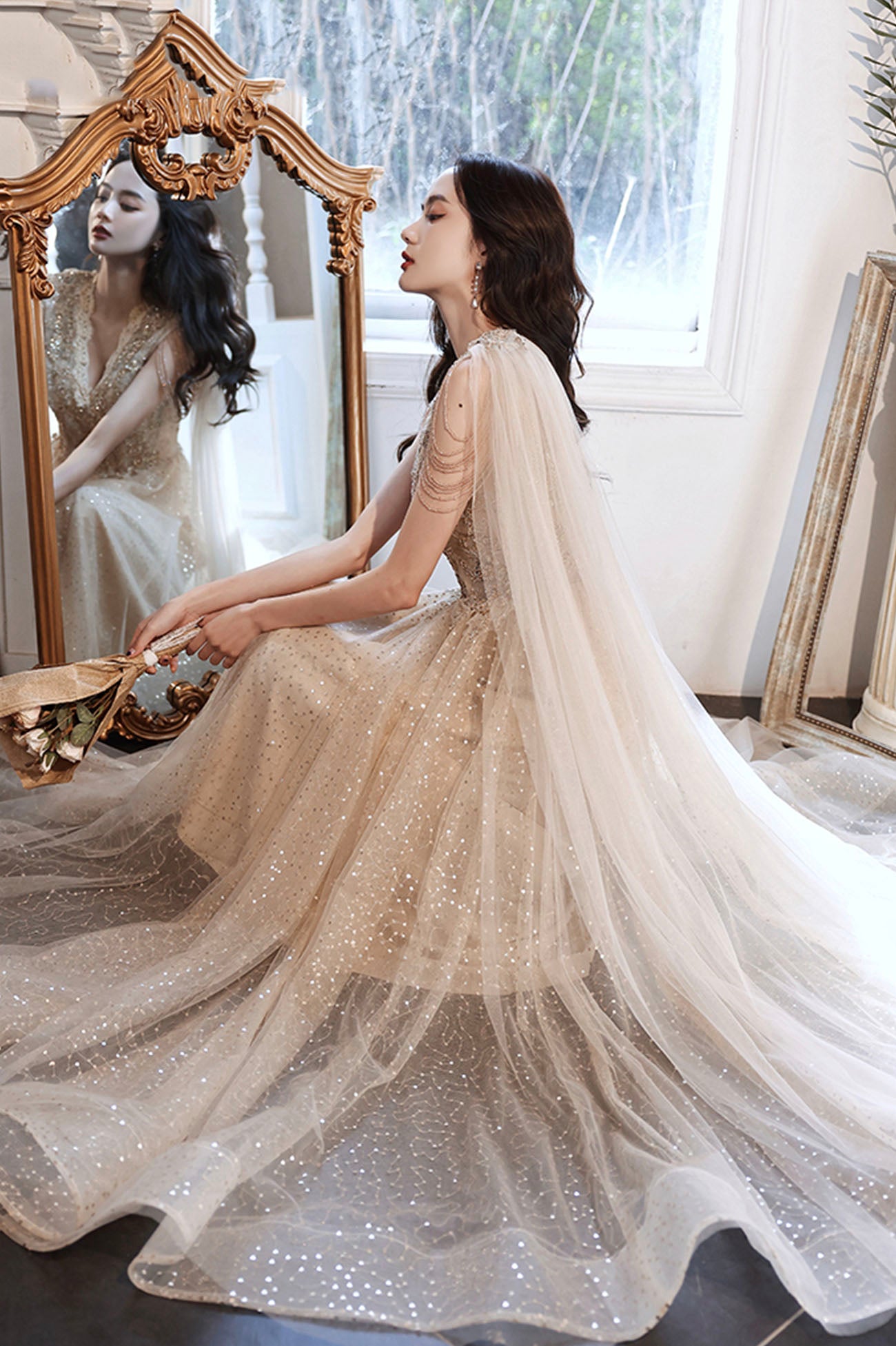 Robe de soirée longue en tulle à paillettes champagne 10605