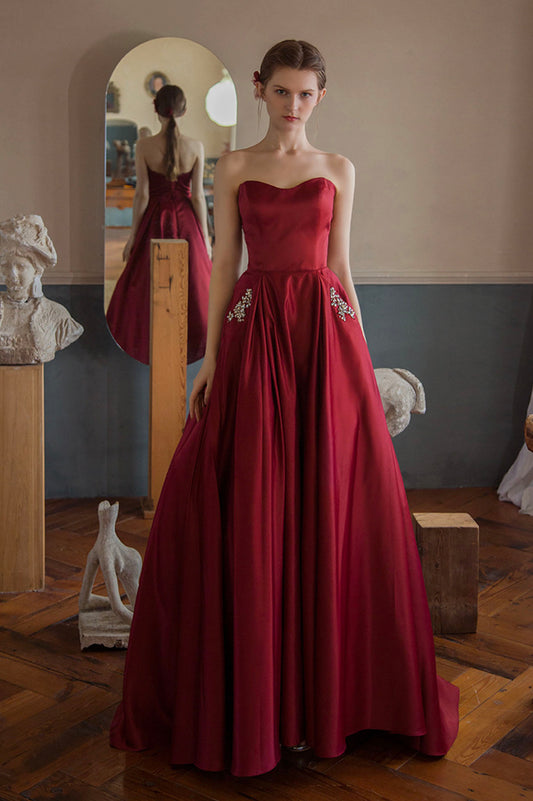 Red satin long A line prom dress red evening dress  10594