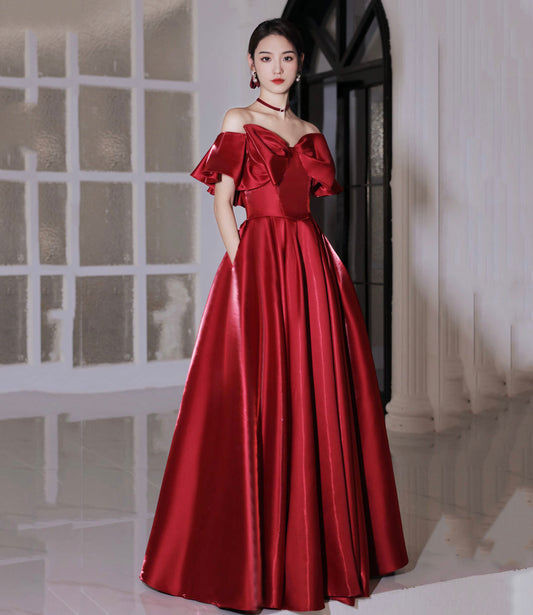 Red satin long prom dress A line evening dress  10582