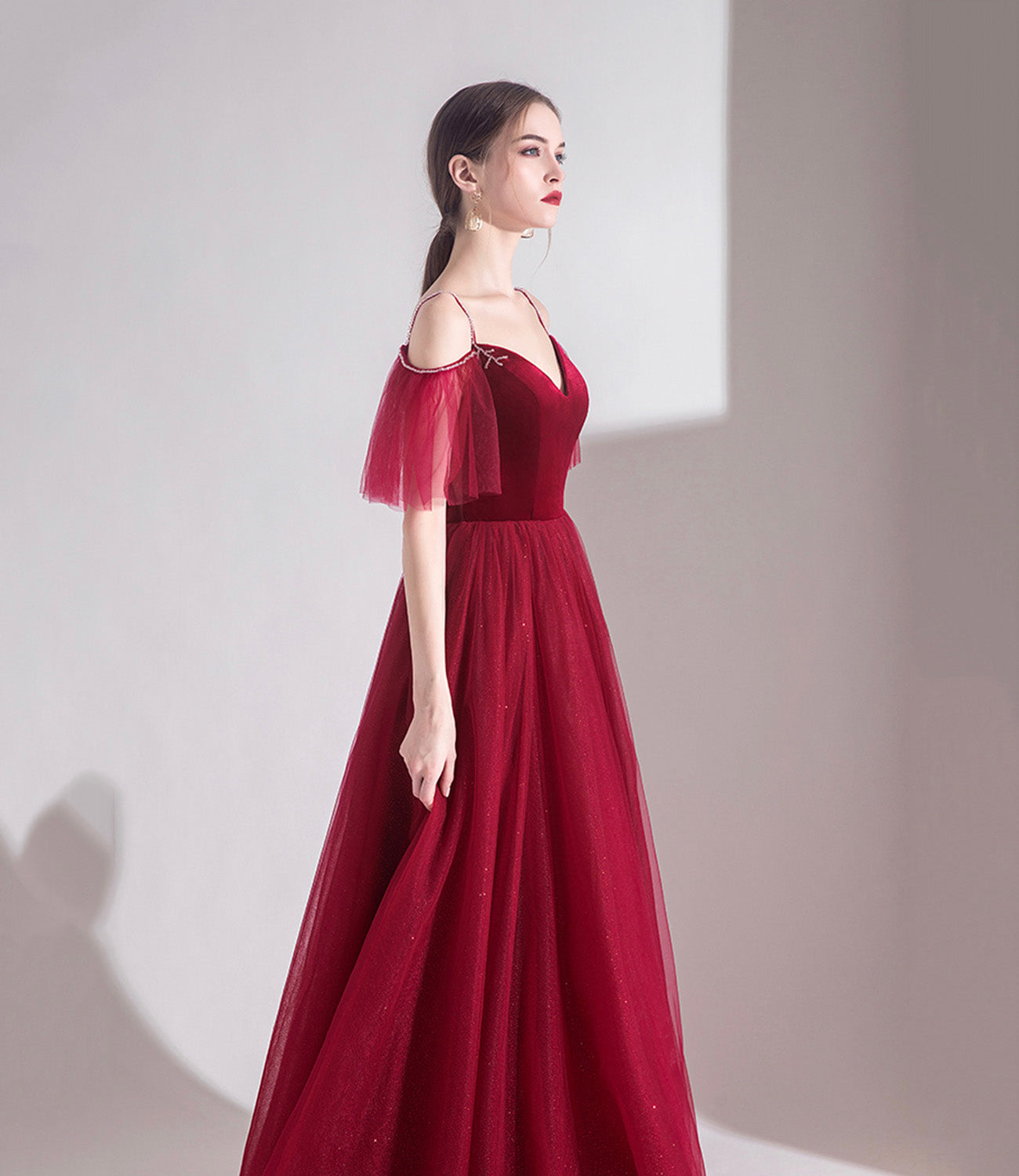 Bugundy velet tulle long prom dress A line evening dress  10553