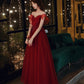 Burgundy tulle beads long prom dress A line evening gown  10481