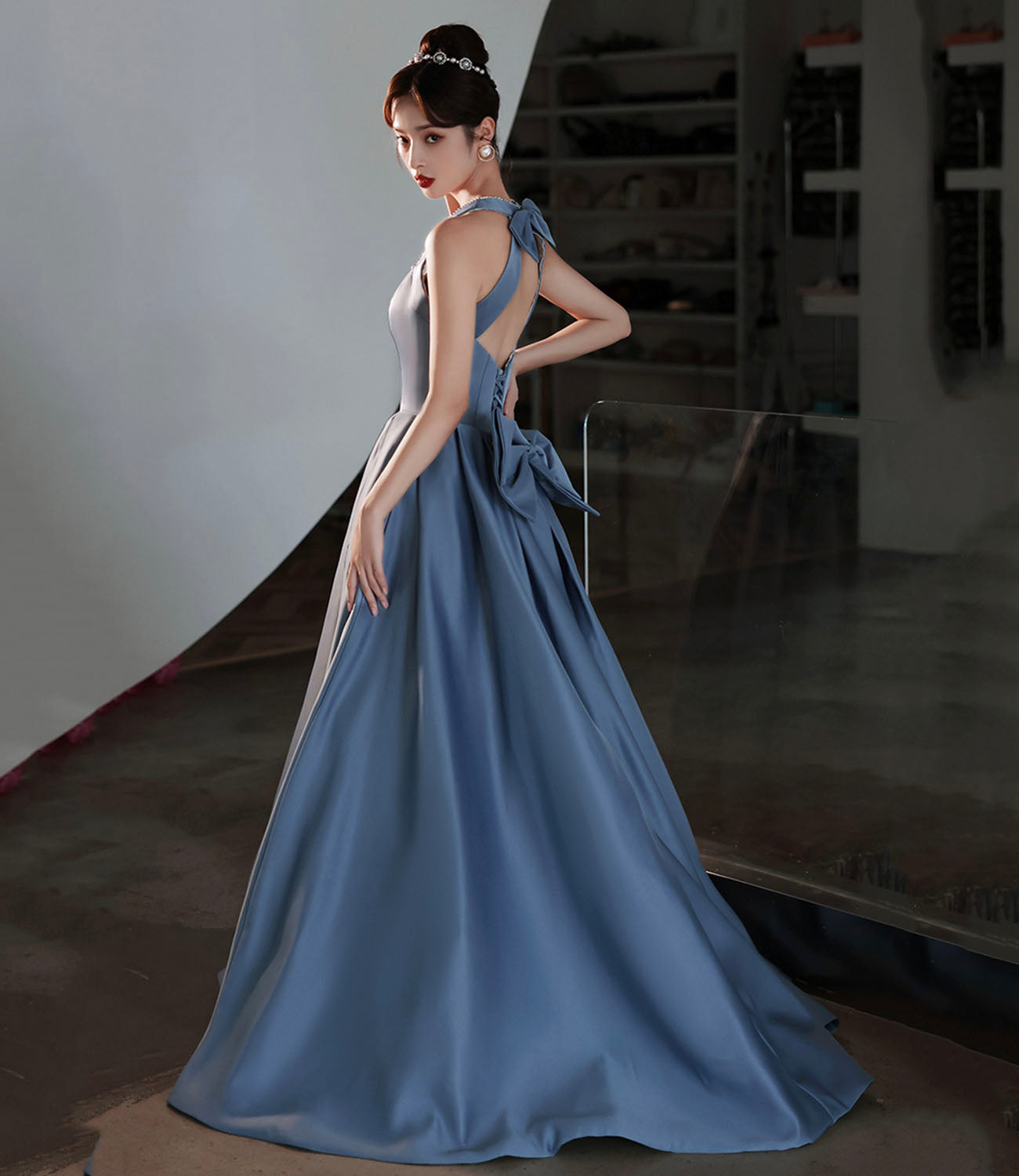 Blue satin long prom dress A line evening dress  10442