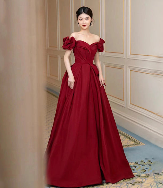 Burgundy satin long prom dress A line evening dress  10450