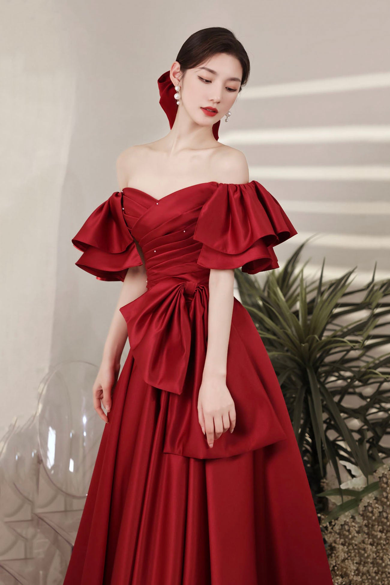 Burgundy satin long prom dress A line evening dress  10601