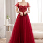 Burgundy tulle beads long prom dress evening dress  10604