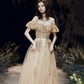 Gold sequins long prom dress A line evening dress  10484