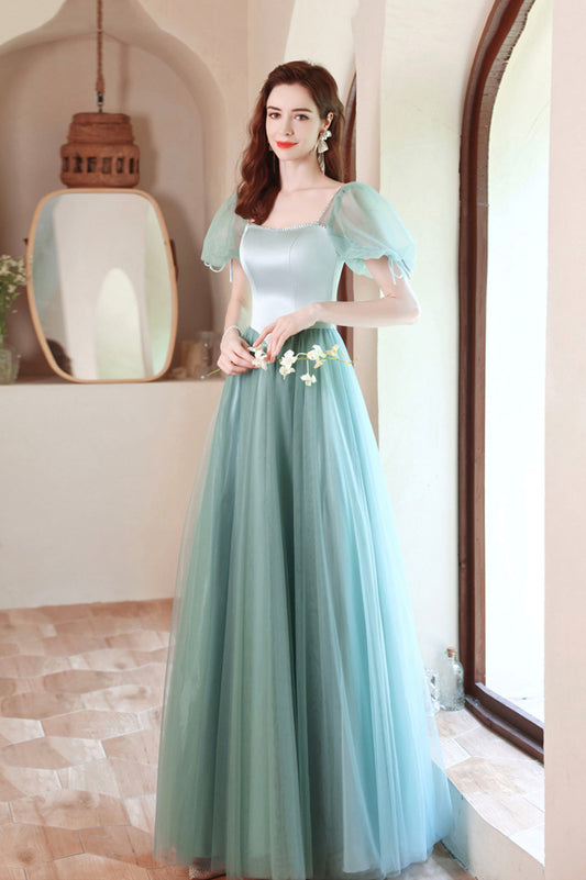 Green satin tulle long prom dress green evening dress  10618