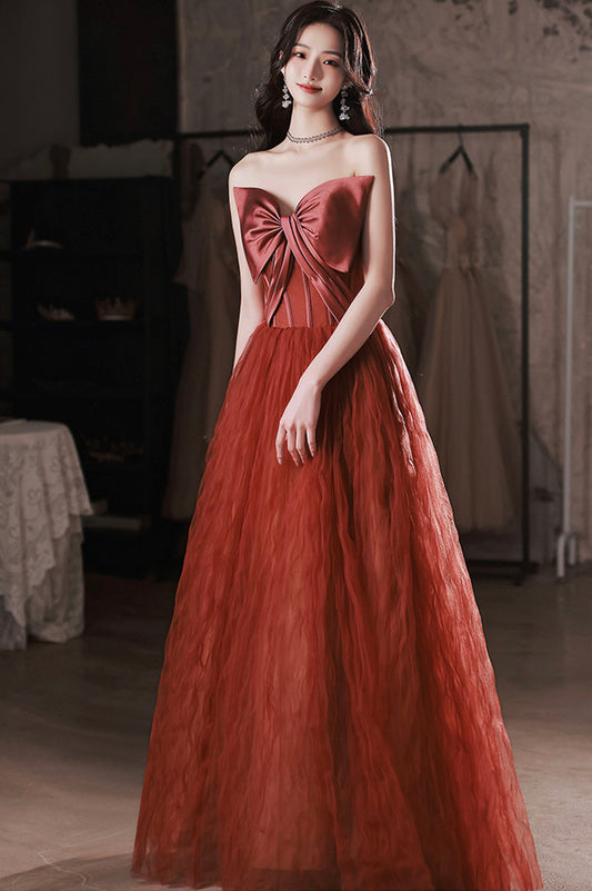 Burgundy satin tulle long prom dress A line evening dress  10649