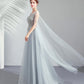 Gray tulle lace long prom dress A line evening dress  10509