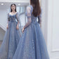 Blue tulle beads long prom dress A line evening dress  10402