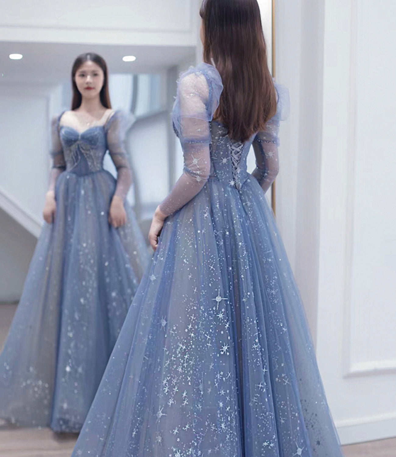 Blue tulle beads long prom dress A line evening dress  10402