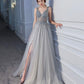 Gray tulle beads long prom dress A line evening dress  10409