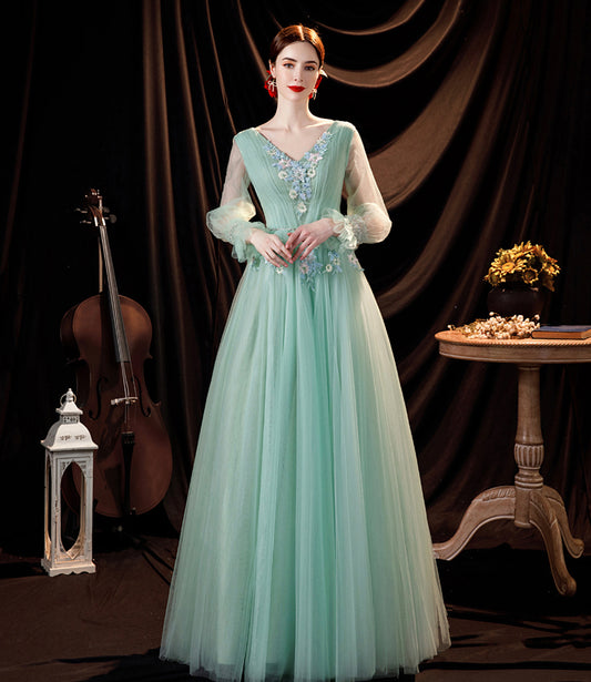 Green tulle lace long prom dress green evening dress  10535