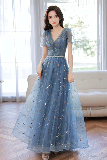 Blue tulle sequins long prom dress blue evening dress  10607