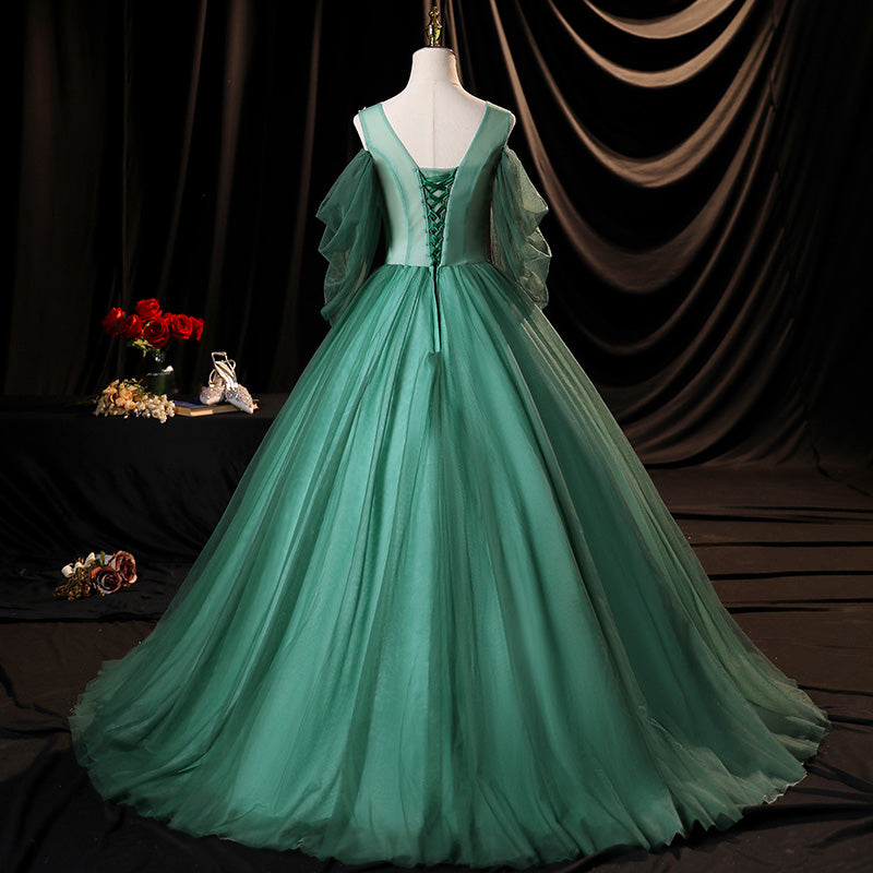 Green tulle long A line prom dress green evening dress  10635