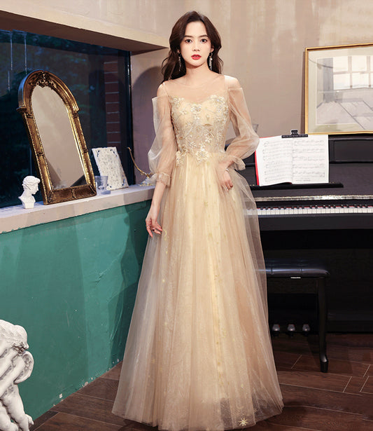 Champagne tulle lace long prom dress A line evening dress  10454