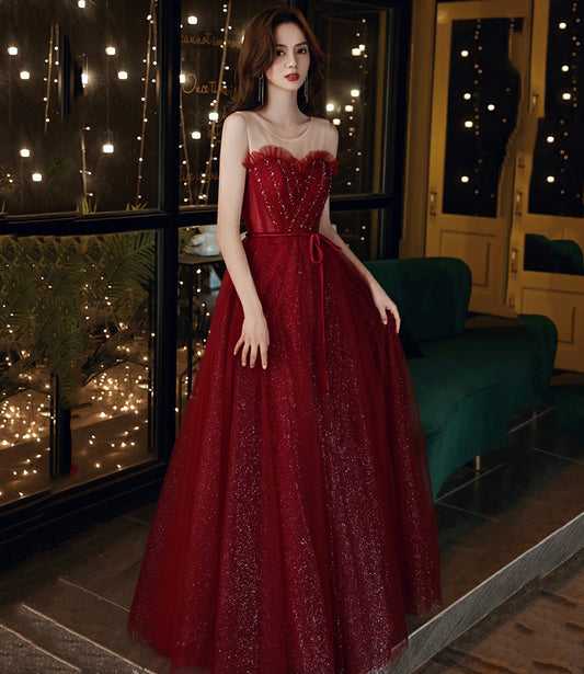 Robe de soirée longue en tulle bordeaux à paillettes Robe de soirée trapèze 10555