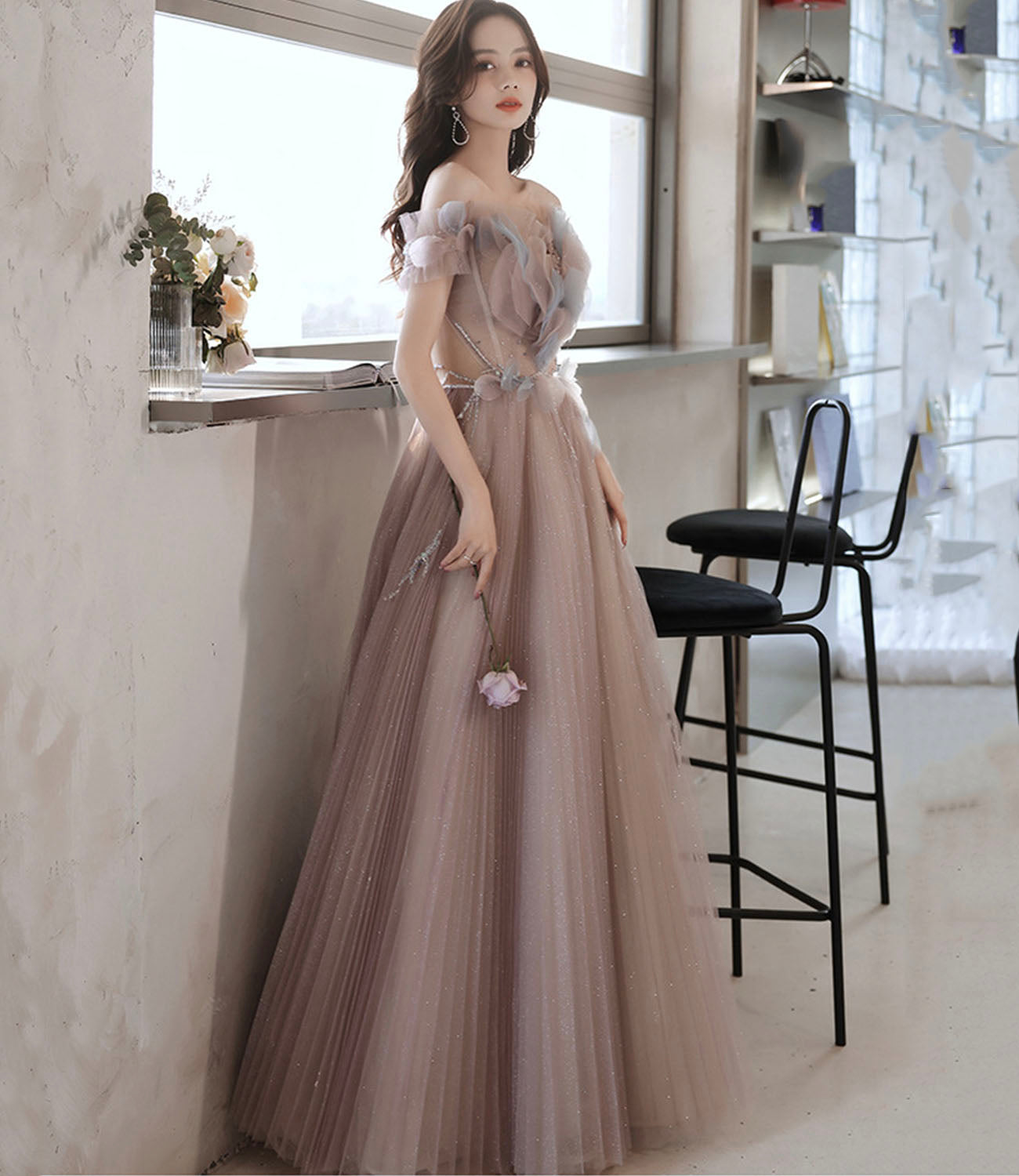 Cute tulle long prom dress A line evening dress  10426