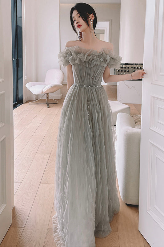 Gray tulle long prom dress A line evening dress  10647