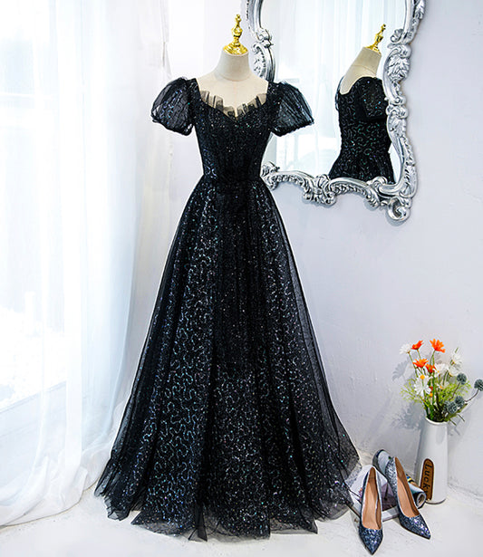 Black tulle sequins long prom dress black evening dress  10467