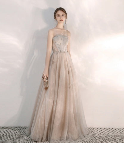 Champagne tulle sequins long prom dress A line evening dress  10472