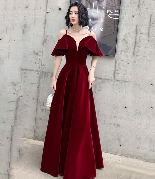 Burgundy velvet long prom dress A line evening dress  10371