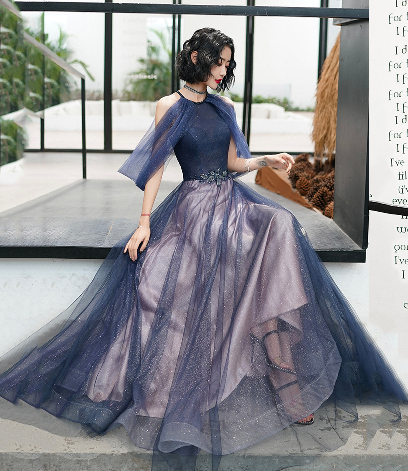 Blue tulle sequins long prom dress blue evening dress  10497