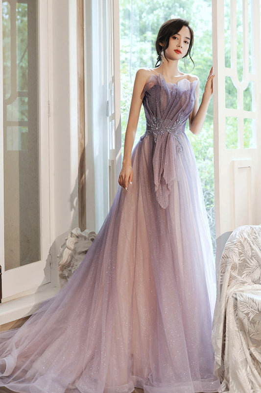 Purple tulle sequins long prom dress evening dress  10624