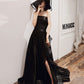 Black satin tulle high low prom dress evening dress  10443