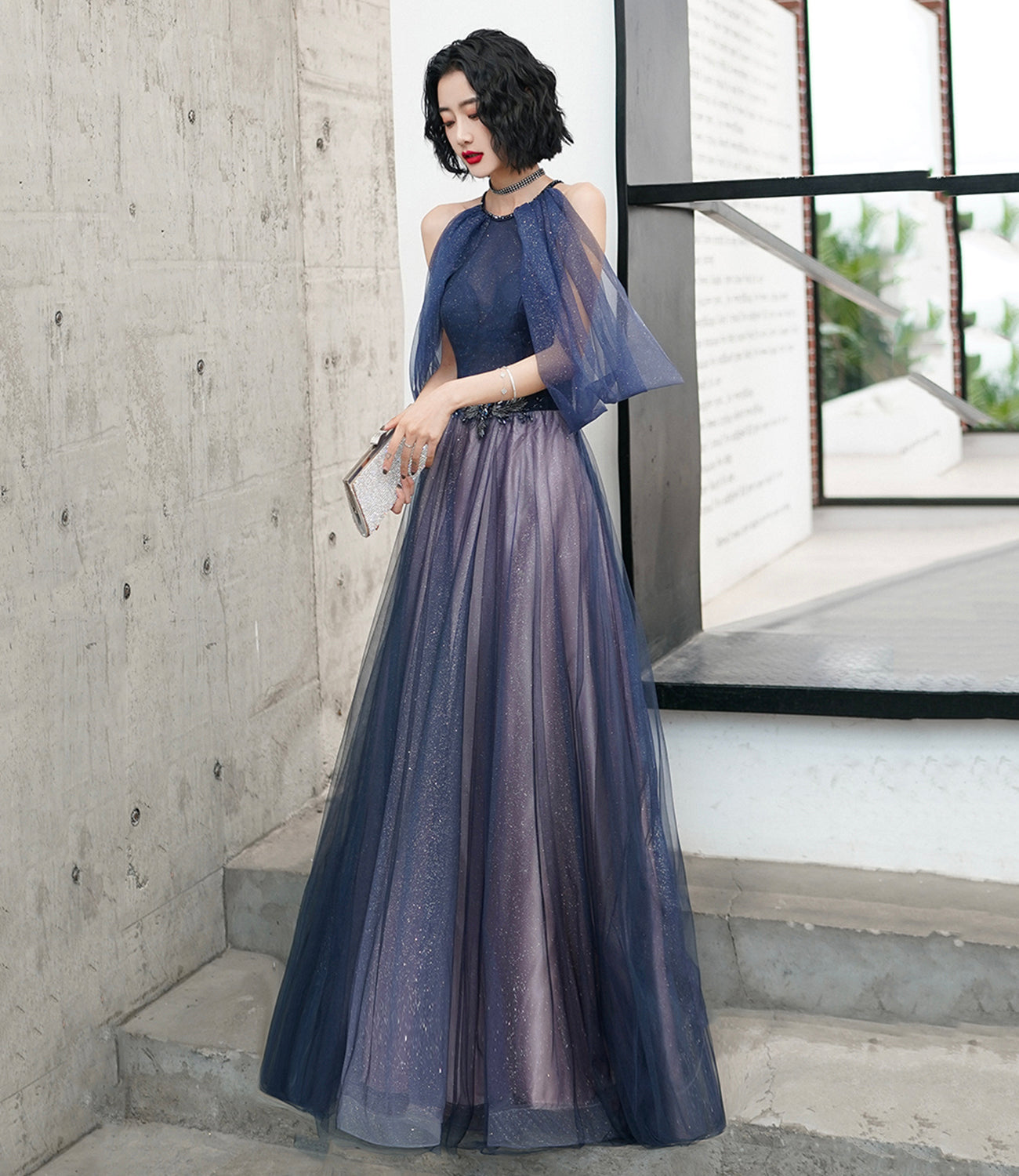 Blue tulle sequins long prom dress blue evening dress  10497