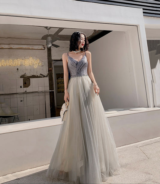 Gray tulle beads long prom dress A line evening dress  10514
