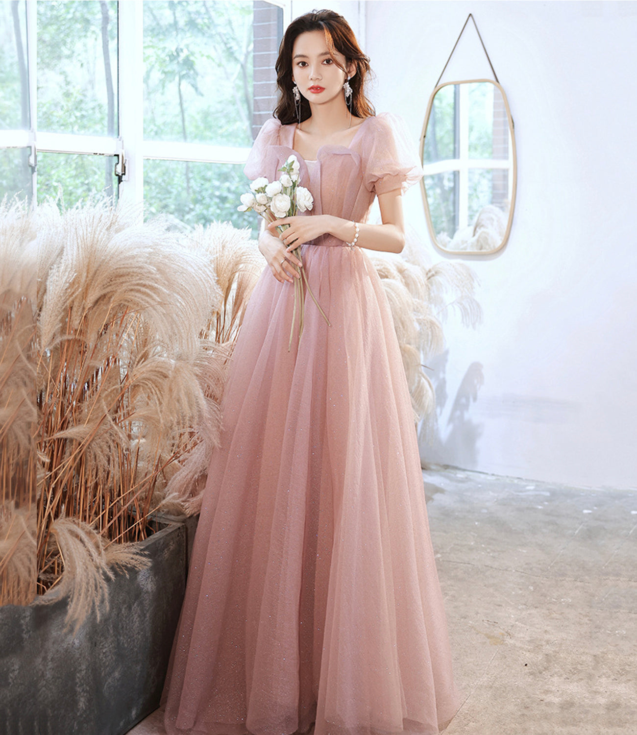 Cute tulle long prom dress pink A line evening dress  10524