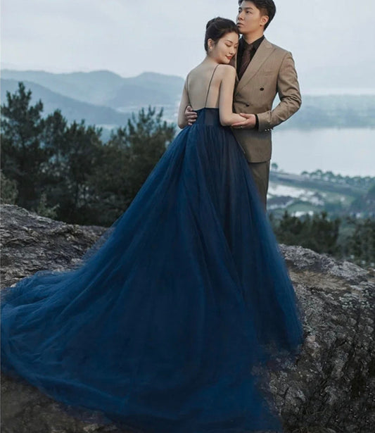 Blue tulle long prom dress A line evening gown  10424