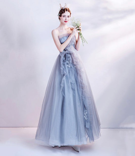 Cute tulle beads long prom dress A line evening dress  10511