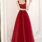 Burgundy tulle beads long prom dress evening dress  10604