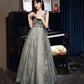 Gray tulle sequins A line prom dress gray evening dress  10433